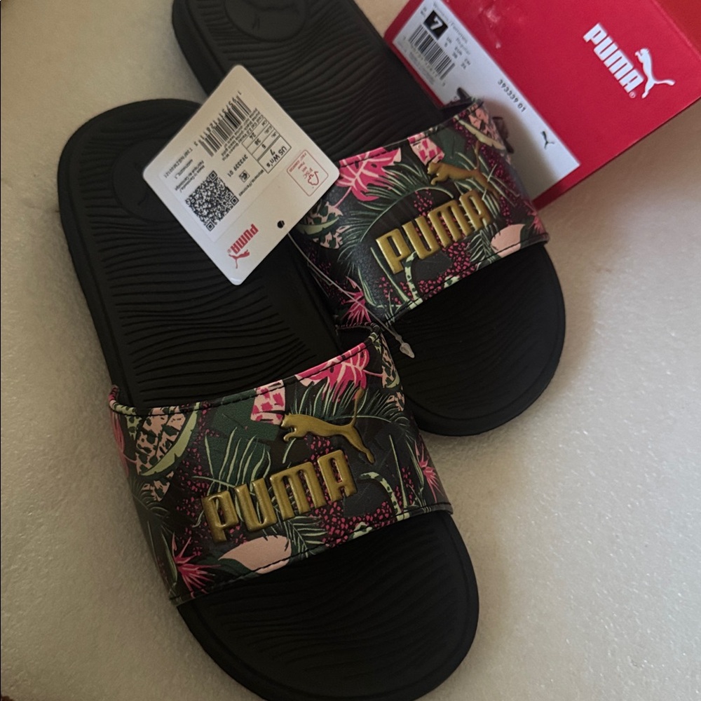 Puma Black and Gold Tropical Slide Sandals.size-7 - Picture 4 of 9